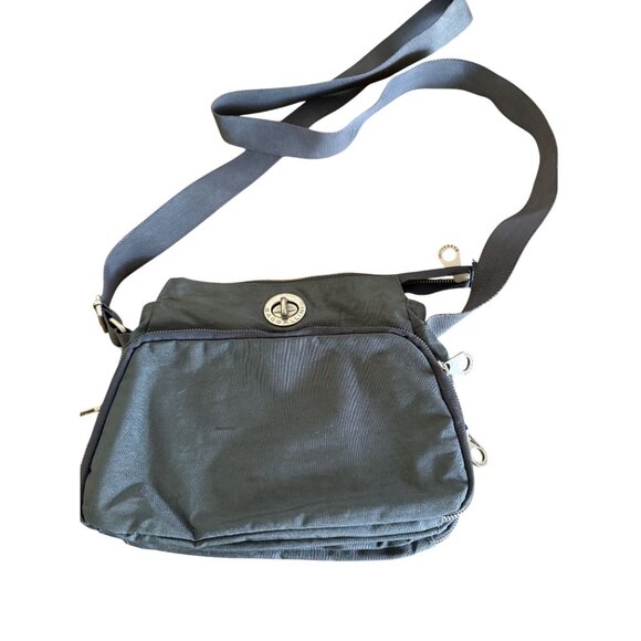 Baggallini Gray Crossbody Travel Purse With Pink Lining & Multiple Compartments - Picture 1 of 8